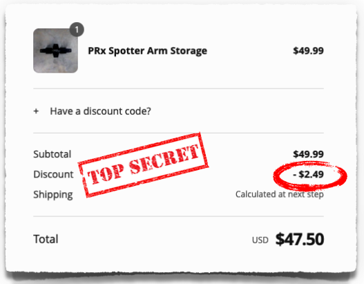 prx spotter arm storage discount code coupon